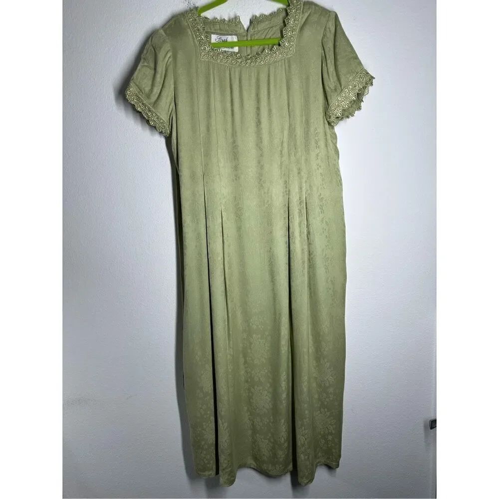 Vintage Sarah Elizabeth Dress Size 16 Green Rayon  Short Sleeve Beaded Trim Lace